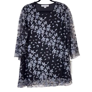 Caroline Rose Tunic Top Womens 1X Black Gray Floral Notes Embroidered Layered - Picture 1 of 12