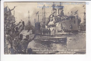FOTOKARTE SCHIFF , RÜCKKEHR d UNTERSEEBOOT " U 9 " n WILHELMSHAVEN , 1914 - Picture 1 of 2