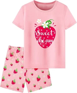 Girls Pajamas Short Sleeve Toddler Summer 7-8 Years, Pink Strawberry - Picture 1 of 6