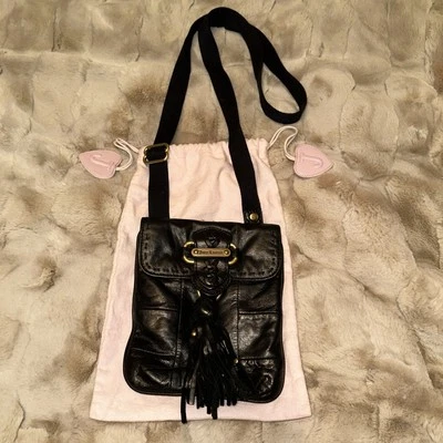 VTG Y2K JUICY COUTURE~ BLACK WHIPSTITCH LEATHER TASSEL CROSSBODY BAG PURSE - Image 1 of 4