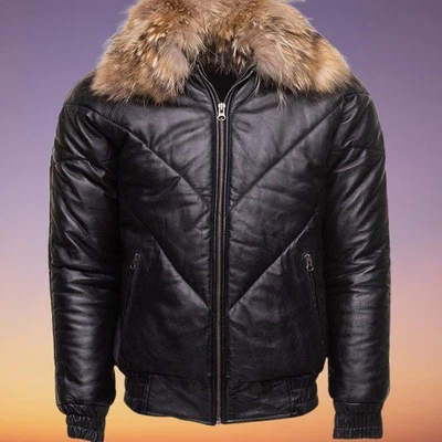 Men's Genuine Sheepskin Leather Puffer Jacket with Fox Fur Collar Handmade Women - Image 1 of 3