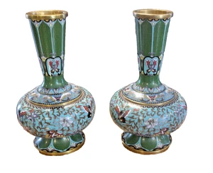 Pair of Gorgeous Chinese Bronze Vases Cloisonne Green Aqua Enamel Special - Read - Picture 1 of 9