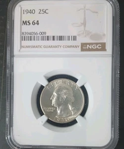 1940 Washington Silver Quarter MS64 NGC - Picture 1 of 3