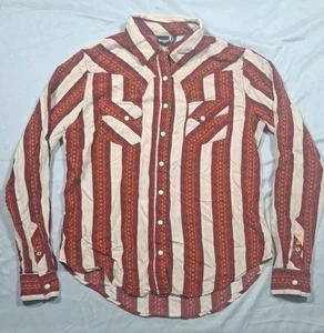 Cruel Denim Womens Pearl Snap Shirt Sz Small Red Beige Stripe Rayon Long Sleeve - Picture 1 of 11