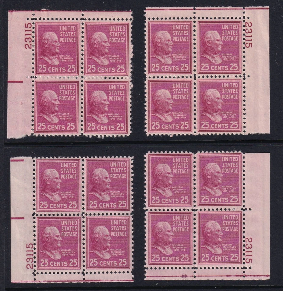 1938 PREXY William McKinley 25c lilac Sc 829 MNH matched plate blocks (ZA - Image 1 of 1