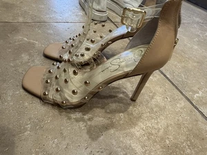 Zapatos de salón JESSICA SIMPSON talla 7,5 Wavery transparentes tachonados Wavery punta punta aguja - Imagen 1 de 3