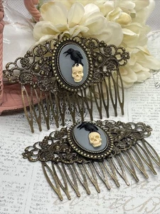 Pair of Bronze Barrette Gothic Hair Comb Cameo Black Crow Raven Skull Wedding - Picture 1 of 12