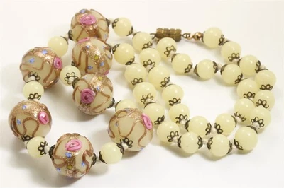 Vintage Venetian Hand Knotted Light Yellow Wedding Cake Glass Bead Necklace - Image 1 of 4