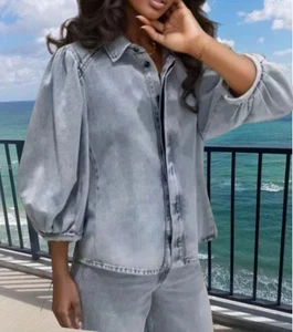 ZARA .. Hellblaues Denim Puffärmel Top Größe Eur S .. Exc. Cond. - Bild 1 von 8