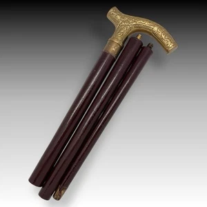 Vintage Wooden Walking Cane Ornate Brass Victorian Handle 3-Piece Travel Stick - Picture 1 of 8