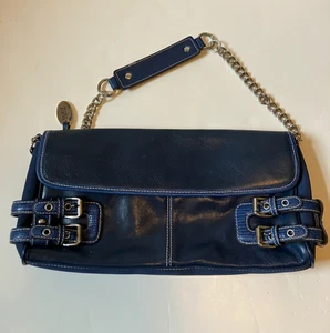 Franco Sarto Handtasche blau Leder Schnallen Ketten strukturiert - Bild 1 von 9
