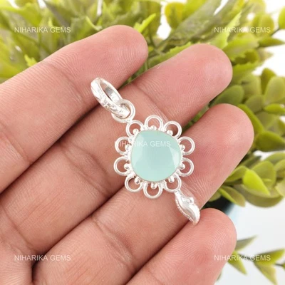 Argento Sterling Cuore Acqua Calcedonio Gemma Chakra Della Gola Nuovo Pendente - Immagine 1 di 4