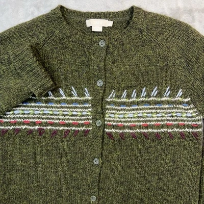 Vintage J. Cardigã CREW 100% pele de cordeiro feminino PS bordado malha suéter verde - Imagem 1 de 4