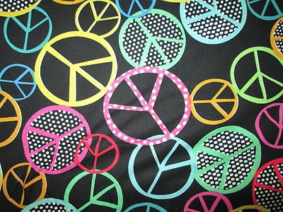 Retro Peace Symbols Polka Dots Colors Black Cotton Fabric FQ OOP - Image 1 of 4