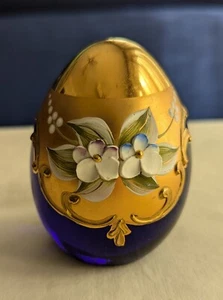 Vintage Murano Ferro & Lazzarini Cobalt Blue Gold Flower Glass Paperweight 3"H - Picture 1 of 8
