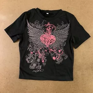 Girls Youth Size Small Black Pink Heart Graphic Print Embellished T-Shirt NWT - Picture 1 of 7
