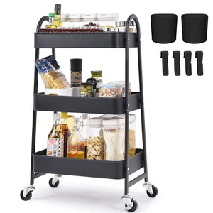 Carbon Steel Rolling Utility Cart Storage Organizer Easy Assemble Trolley Black - Picture 1 of 9