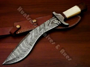 Lama damascata forgiata a mano 14'' lunga KUKRI personalizzata e manico in osso stabilizzato - Foto 1 di 11