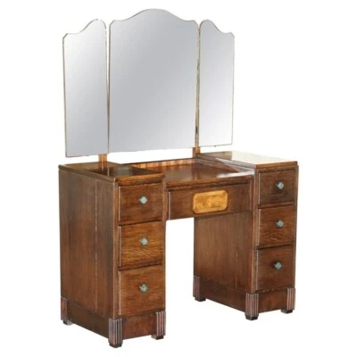 STUNNING VINTAGE ART DECO CIRCA 1930'S OAK & BURR WALNUT DRESSING TABLE + MIRROR - Image 1 of 4