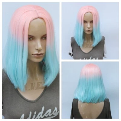 Party Glueless Wigs Short Straight Bob Ombre Pink Blue Mixed Cosplay Lolita Wigs - Image 1 of 4