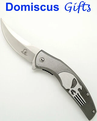 8 1/2" NEW FALCON PUNISHER Skull Grey TRAILING Point POCKET KNIFE Folding Knives - Image 1 of 4