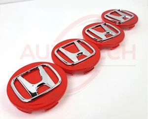Red HONDA Set Of 4 Wheel Center Caps 69MM - Picture 1 of 5
