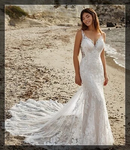 Träger Spitze Brautkleid Hochzeitskleid Fit Flare Ivory 32-50 Rückenfrei Sexy - Bild 1 von 6