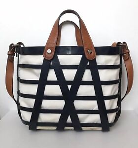 MONCLER Navy & White Stripe Bucket Tote Bag with Tan Leather Shoulder Strap