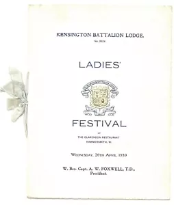 MASONERÍA/MILITAR - LOGIA DEL BATALLÓN DE KENSINGTON (3624) 1939 FESTIVAL DE DAMAS - Imagen 1 de 2