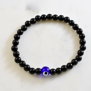 Greek Turkish Evil Eye Black Obsidian Stone Bead Stretch Elastic Mens Bracelet - Picture 1 of 5