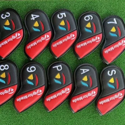10 piezas cubiertas de cabeza de hierro para palos de golf TaylorMade de cuero magnéticas 3-9ASP negras/rojas Foto 1 de 2