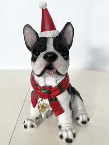 Christmas Black White Frenchie French Bulldog Statue Scarf With Bell & Santa Hat - Picture 1 of 9