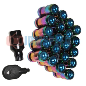 M12x1.5 Neo Chrome Teel Extended Dust Cap Lug Nuts Wheel Rims Tuner With Lock - Picture 1 of 8