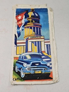 Original Cuban Canvas Painting - “Capitolio & Classic Car” Acrylic Art 17.5"x8" - Picture 1 of 7