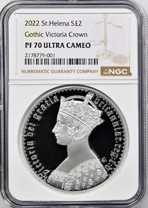 Moneda de 2 libras de plata de Santa Elena 2022 corona gótica PF70UC NGC # 2179034-001 + bonificación - Imagen 1 de 2