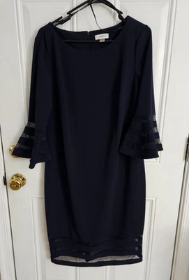 Calvin Klein Dark Navy Illusion Bell Sleeve Boat Neck Sheath Dress Formal Casual - Image 1 of 4