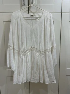 Roxy Womens Sz S Cali Stars Cotton Summer Dress White Long Sleeve Loose Beachy - Picture 1 of 17