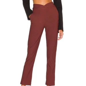 NBD Brown Straight Trouser Pants SMALL Split Hem V-Cut Crossover Waist $178 NEW - Picture 1 of 10