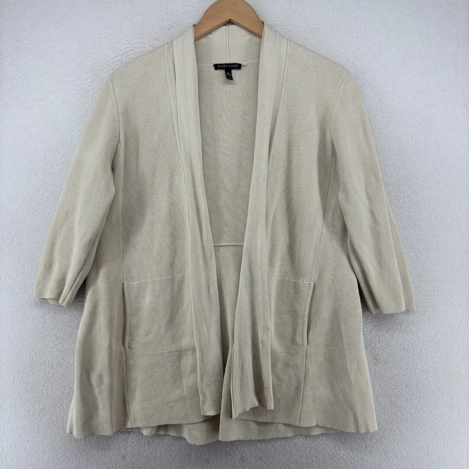 Suéter EILEEN FISHER M Cárdigan Seda Algodón Orgánico Mantón Frente Abierto Hueso Blanco Foto 1 de 4