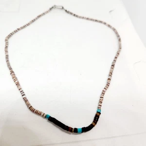 Vtg Native American Dainty Shell Turquoise Heishi Bead Necklace Sterling Clasp - Picture 1 of 6