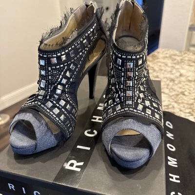 John Richmond Gray Denim Zip Back Stilettos w/ Embellished Front Size 39 US 8.5 - Image 1 of 4