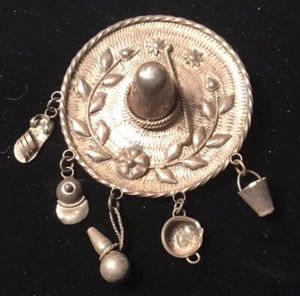 Vintage Mexican Sombrero brooch with dangling charms. 900 silver. Good Condit - Picture 1 of 4