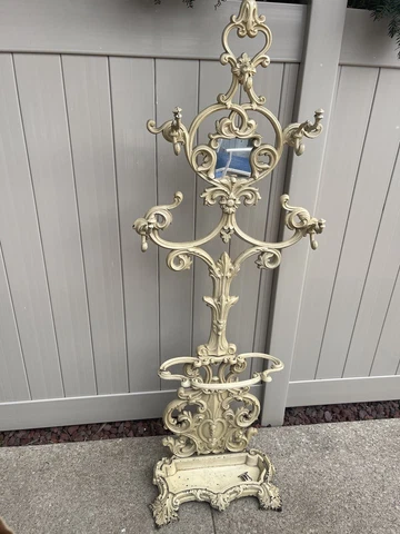 Antique Cast Iron Metal Hall Tree Victorian Coat Rack Mirror Umbrella Tray Base Cover