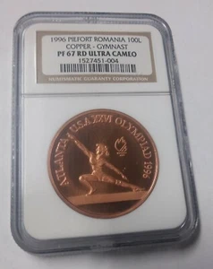 Rare 1996 Romania Copper 100 L  Piedfort Pattern  Olympic Gymnast  NGC PF 67 - Picture 1 of 2