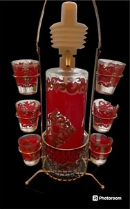 Vintage Starlyte Red Gold Cocktail  Set Glasses Bar Drink-ware Rack MCM Wow - Picture 1 of 1