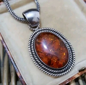 Suarti 925 Sterling Silver Necklace, Baltic Amber Pendant, 42gr, Solid Silver - Picture 1 of 9