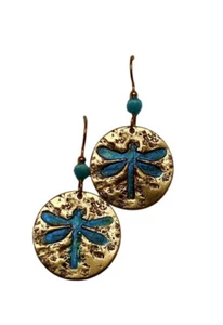 New Silver Forest Jewelry Dragonfly on Golden Rounds w/ Bead Dangle Earrings - Picture 1 of 1