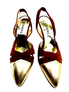 Authentic CHANEL Rust Suede & Gold Leather Toe 3.5" High Heels, Size 38, Italy - Picture 1 of 7