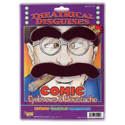 GROUCHO COMIC EYEBROWS & MOUSTACHE Joke Costume Black Fake Mustache Hairy Thick  - Image 1 of 4