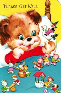 Vintage Mother Goose Puppy Dog Get Well Soon Pigs Kittens Norcross Greeting Card - Picture 1 of 3